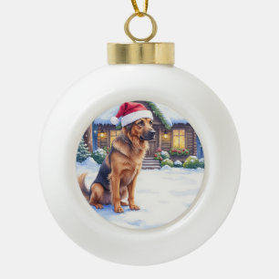 Hannoverscher Schweisshund Schneebedeckte Waldhütt Keramik Kugel-Ornament