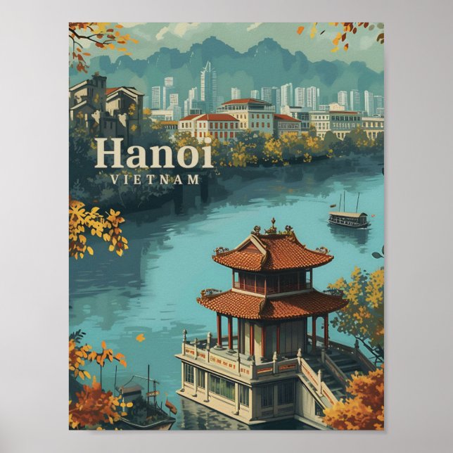 Hanoi Vietnam Vintag Art Travel Illustration Poster (Vorne)