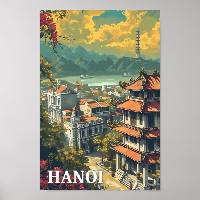Hanoi Vietnam Vintag Art Travel Illustration Poster (Vorne)