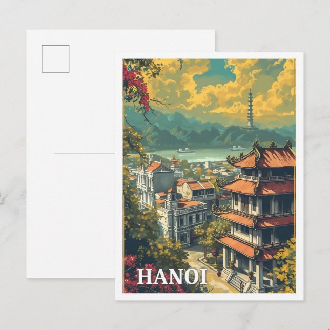 Hanoi Vietnam Vintag Art Travel Illustration Postkarte (Vorne/Hinten)