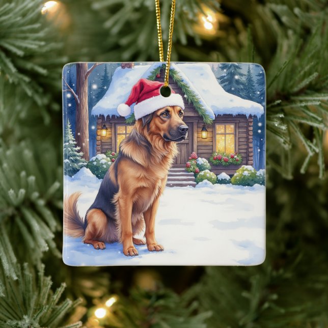 Hanoverian Scenthound Snowy Forest Cabin Santa Hat Keramikornament (Baum)