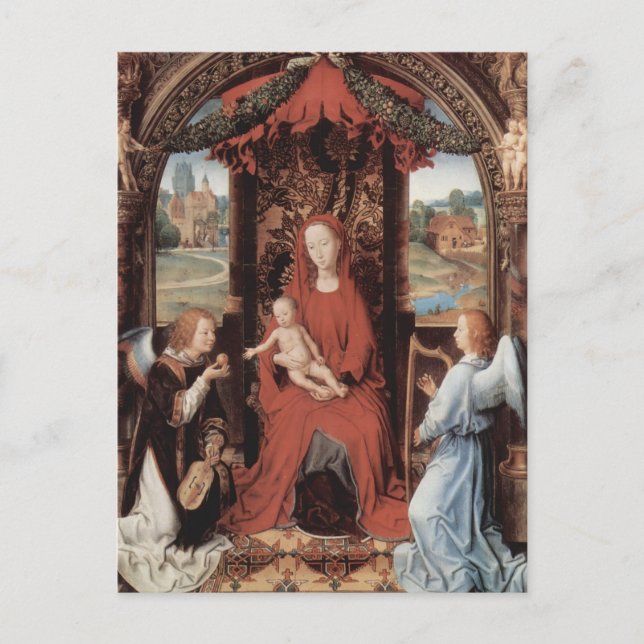 Hans Memling-Madonna, Kind begeistert von Engeln Postkarte (Vorderseite)