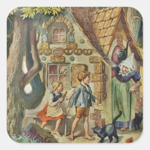 Hansel und Gretel an der Hexe-Hütte Quadratischer Aufkleber