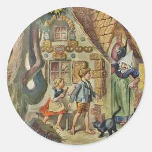 Hansel und Gretel an der Hexe-Hütte Runder Aufkleber