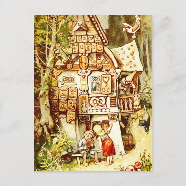 Hansel und Gretel an der Hütte Gingerbread Postkarte (Vorderseite)