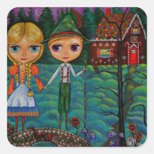Hansel und Gretel Dolls und das Lebkuchenhaus Quadratischer Aufkleber
