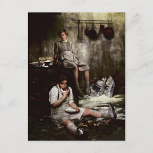 Hansel und Gretel mit Schokoladenkuchen Postkarte