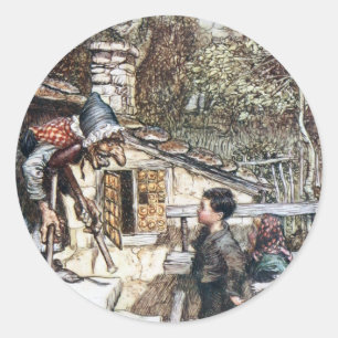 Hänsel und Gretel treffen die Hexe Runder Aufkleber