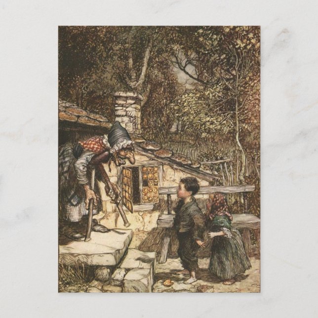 Hansel und Gretel treffen sich zur Hexe Postkarte (Vorderseite)