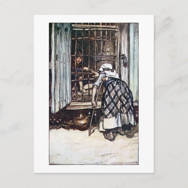 Hänsel von der Hexe gezähmt Postkarte (Vorderseite)