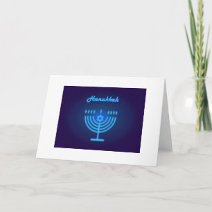 Hanukka-Fest-Menora Blaue Neonlichter Symbol Karte