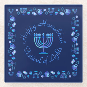 Hanukka jüdischer Urlaub Menorah Verziert Mandala Glasuntersetzer