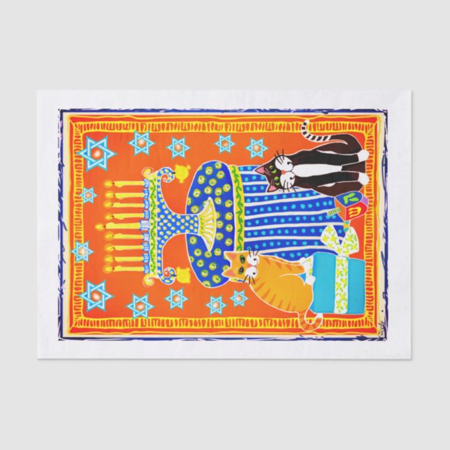 Hanukka mit 2 Katzen, Menorah, Dreidle, Holiday C Seidenpapier (Vorderseite)