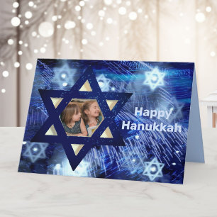 Hanukkah 1 oder 2 Foto Familie Kinder blau Feiertagskarte