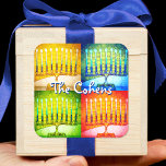 Hanukkah 4 Menorah Yellow Blue Green Bold Name Quadratischer Aufkleber<br><div class="desc">Ein nahes Foto mit 4 bunten künstlerischen Menorah-Fotos hilft Ihnen den Urlaub in Hanukkah zu beginnen. Genießen Sie die Wärme und Freude der Ferienzeit, wenn Sie diesen atemberaubenden, farbenfrohen Hanukka Aufkleber benutzen. Matchkarten, Briefmarke, Totensäcke, Serviertablette und andere Produkte sind in meiner "Hanukkah Colorful, Künstlerisch Menorah" Ladenkollektion erhältlich. Nutzen Sie das...</div>