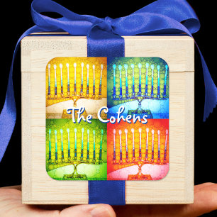 Hanukkah 4 Menorah Yellow Blue Green Bold Name Quadratischer Aufkleber