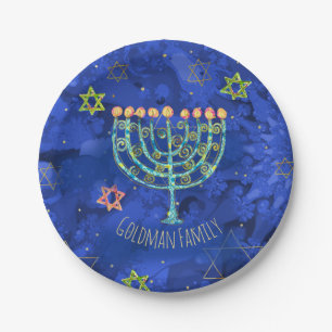 Hanukkah Aqua Menorah Star von David auf Blue Pappteller