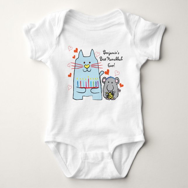 Hanukkah Baby Jersey Body Anzug/Blue Cat und Maus Baby Strampler (Vorderseite)