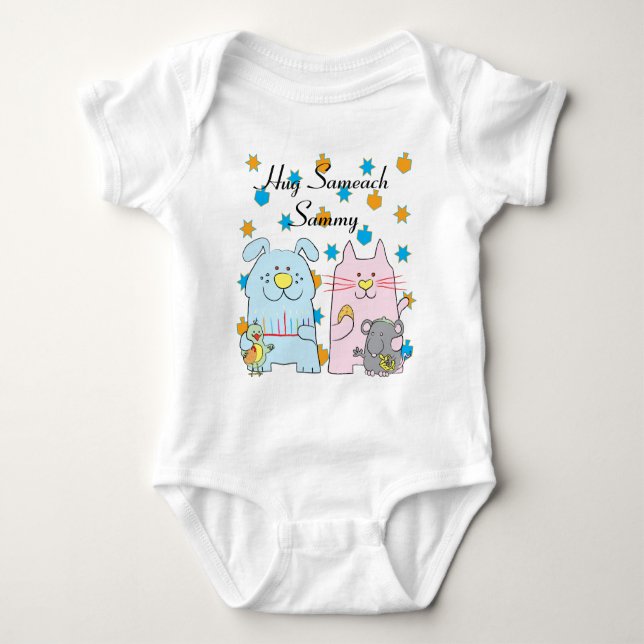 Hanukkah Baby Jersey Personalize "Hug Sameach" Baby Strampler (Vorderseite)