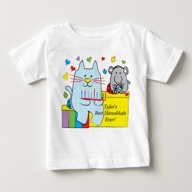 Hanukkah Baby T - Shirt Blue Cat und Maus (Vorderseite)