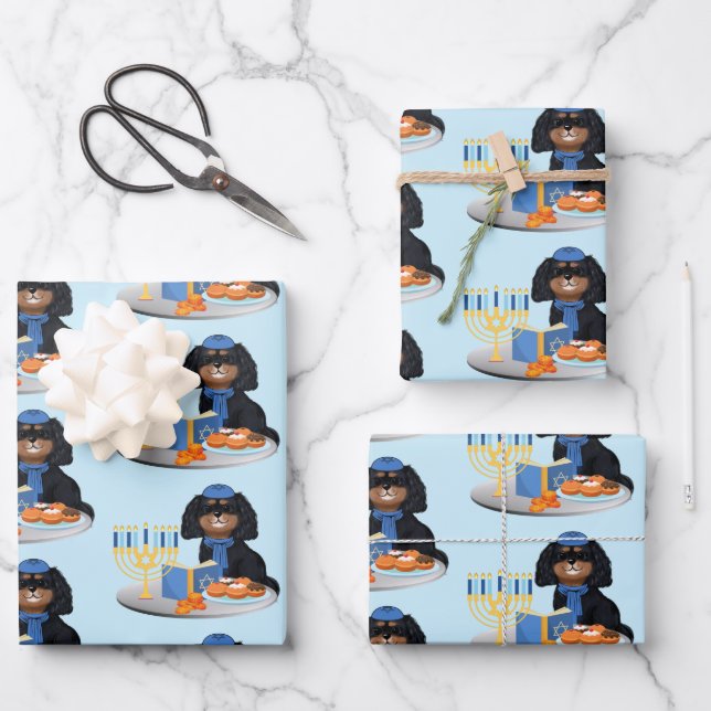 Hanukkah Black und Tan Cavalier King Charles Spani Geschenkpapier Set (Vorderseite)