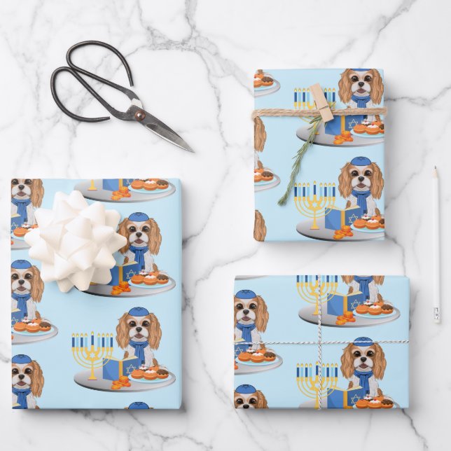 Hanukkah Blenheim Cavalier King Charles Spaniel Geschenkpapier Set (Vorderseite)