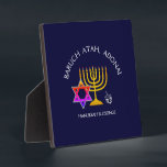 Hanukkah Blessings | BARUCH ATAH ADONAI | Chanukah Fotoplatte<br><div class="desc">Stylish, modern HANUKKAH plaque. Design shows a gold colored MENORAH with multicolored STAR OF DAVID and silver gray DREIDEL. At the top there is curved text which says BARUCH ATAH, ADONAI (Blessed are You, O God) and underneath the text reads HANUKKAH BLESSINGS. ALL TEXT IS CUSTOMIZABLE, so you can personalize...</div>