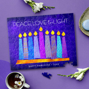 Hanukkah Blue Boho Candle Pattern Peace Liebe Ligh Puzzle