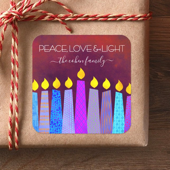 Hanukkah Blue Boho Candles Red Peace Liebe Light Quadratischer Aufkleber (Von Creator hochgeladen)