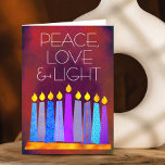 Hanukkah Blue Boho Kerzen auf Red Peace Liebe Ligh Feiertagskarte<br><div class="desc">"Frieden, Liebe und Licht." Eine spielerische, moderne, künstlerische Abbildung von Boho Musterkerzen in einer Menorah hilft Ihnen, den Urlaub von Hanukkah zu beginnen. Die blauen Kerzen mit bunten Imitat-Folienmustern überlagern einen reichen, tief verbrannten, orangefarbenen Hintergrund. Genießen Sie die Wärme und Freude der Urlaubssaison, wenn Sie diese atemberaubende, farbenfrohe, personalisierte Hanukkah...</div>
