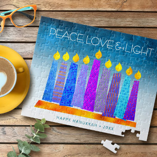 Hanukkah Blue Candles Türkis Peace Liebe Light Puzzle