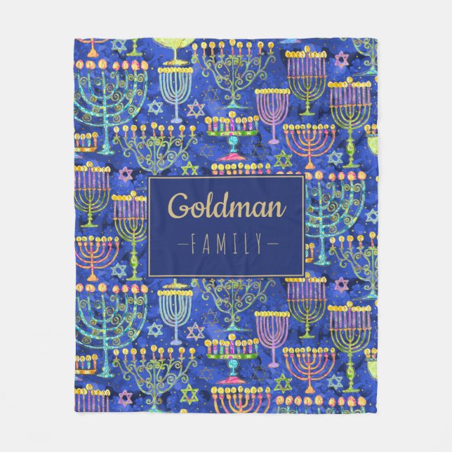 Hanukkah Blue Gold Menorah Star von David Name Fleecedecke (Vorderseite)