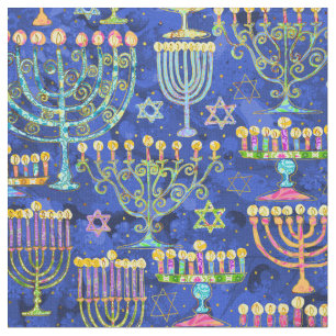 Hanukkah Blue Gold Menorah Star von David Pattern Stoff