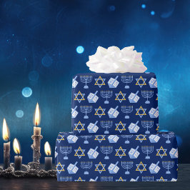 Hanukkah Blue Menorah Dreidel Pattern Chanukah Geschenkpapier