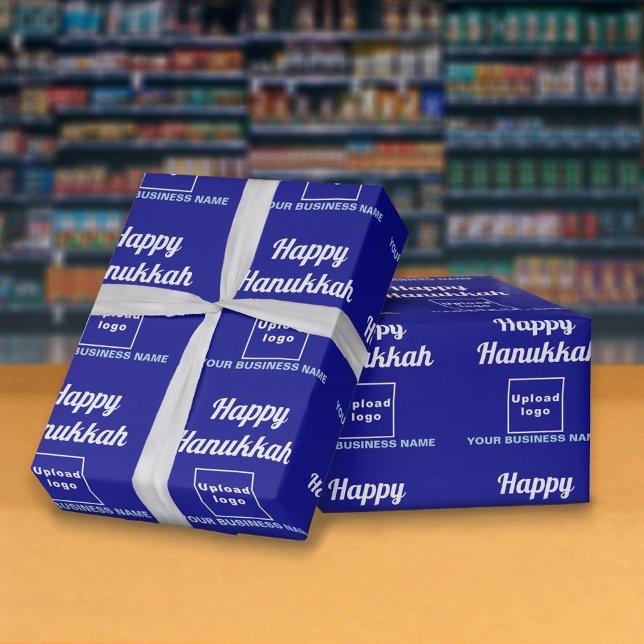 Hanukkah Blue Wrapping Paper Geschenkpapier (Hanukkah greeting, business name and logo on blue wrapping paper)