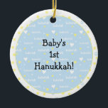 Hanukkah "Bubeleh"/Blau/Gelbhörnchen/Zirkelverzier Keramikornament<br><div class="desc">Hanukkah "Bubeleh"/Blau/Gelb Herz-Kreislauf-Ornament. (2 Seiten) Persönlich gestalten, indem Sie "Baby's 1st Hanukkah!" auf der Vorder- und Rückseite des Ornaments löschen. Dann geben Sie Ihre eigenen Schriftart ein, indem Sie Farbe, Größe und Stil Ihres Lieblings verwenden. Danke, dass ihr angehalten und vorbeigekommen seid! Viel geschätzt! Happy Chanukah/Hanukkah! Halte einmalige Familien-Erinnerungen auf...</div>