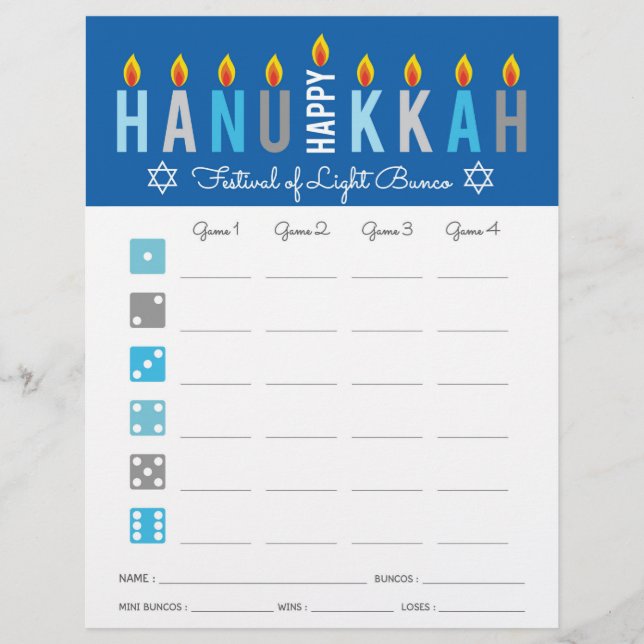 Hanukkah Bunco Party Game Score Card (Vorderseite)