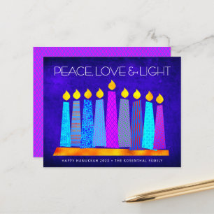 Hanukkah Candles Peace Liebe Light Blue Card