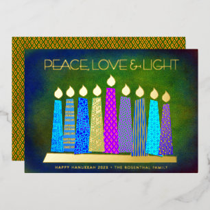 Hanukkah Candles Peace Liebe Light Green Real Gold Folien Feiertagskarte