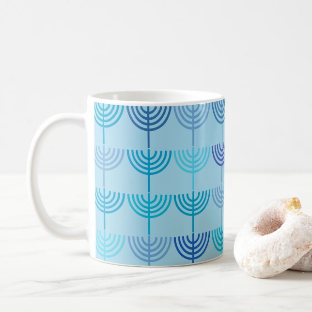 Hanukkah Chanukah Chanukkiah Menorah Muster Blue Kaffeetasse (Mit Donut)