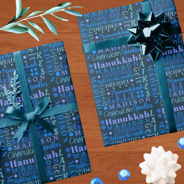 Hanukkah Collage Dark Blue Coole Niedliche Kinder Geschenkpapier