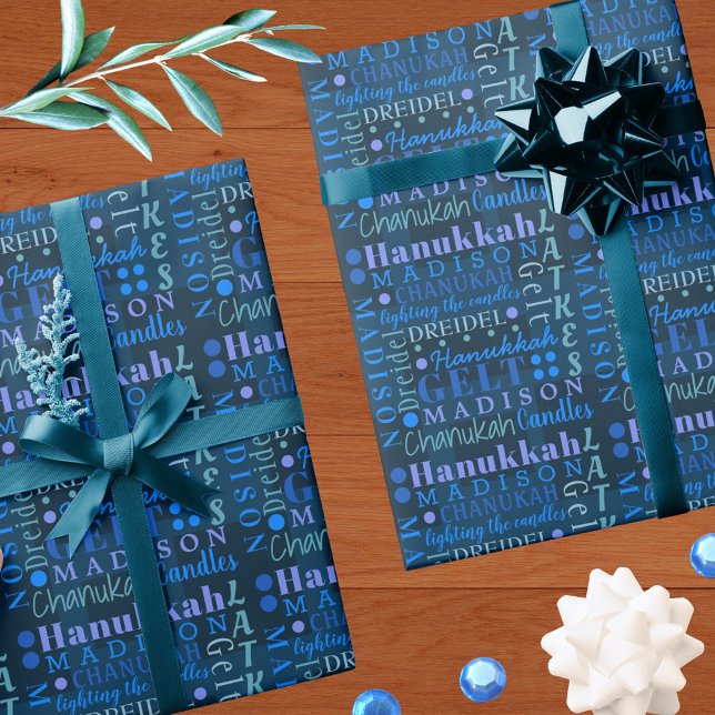 Hanukkah Collage Dark Blue Coole Niedliche Kinder  Geschenkpapier (Von Creator hochgeladen)