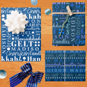 Hanukkah Collage Dark Blue Niedlich Add Kinder Nam Geschenkpapier Set
