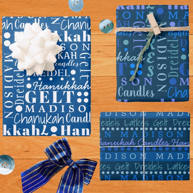 Hanukkah Collage Dark Blue Niedlich Add Kinder Nam Geschenkpapier Set (Von Creator hochgeladen)