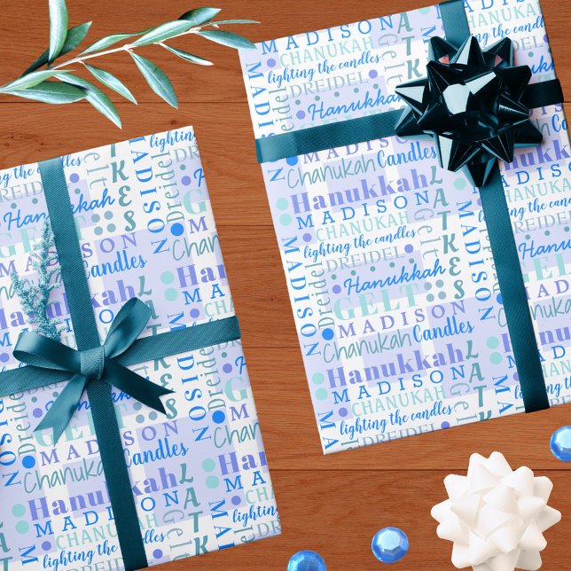 Hanukkah Collage Light Blue Coole Niedliche Kinder Geschenkpapier (Von Creator hochgeladen)