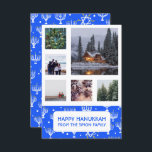 HANUKKAH CUSTOM FOTO Menorahs Stars Holiday Card<br><div class="desc">Passen Sie diese Flachkarte an, indem Sie auf der Vorder- oder Rückseite Ihre eigenen Fotos und Texte hinzufügen. Vor den Fotos gibt es ein Raster, das es einfacher macht, Fotos jeder Größe, die Sie haben, zu verwenden und sie in quadratischer Form aufgereiht und behalten. Sie können das Raster löschen oder...</div>