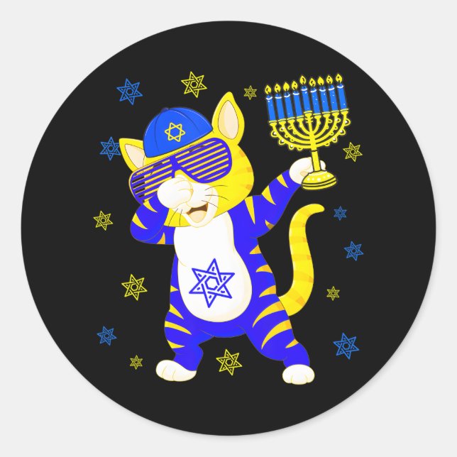 Hanukkah Dabbing Cat Sonnenbrille Holding Menorah Runder Aufkleber (Vorderseite)