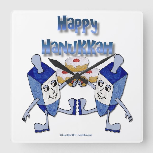 Hanukkah Dancing Dreidels und Jelly Doughnut Quadratische Wanduhr (Vorderseite)