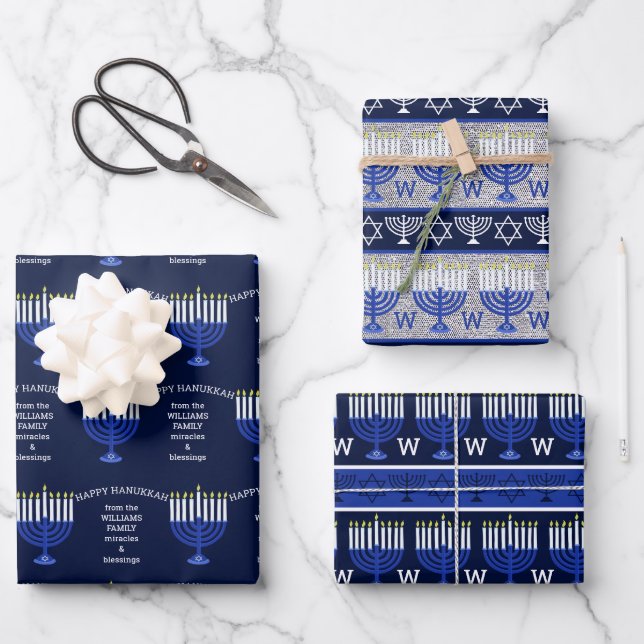 Hanukkah Dark Blue Menorah Monogram Sortiment Geschenkpapier Set (Vorderseite)