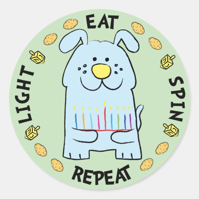 Hanukkah Dog Stickers "Light, Eat, Spin, Repeat" (Vorderseite)